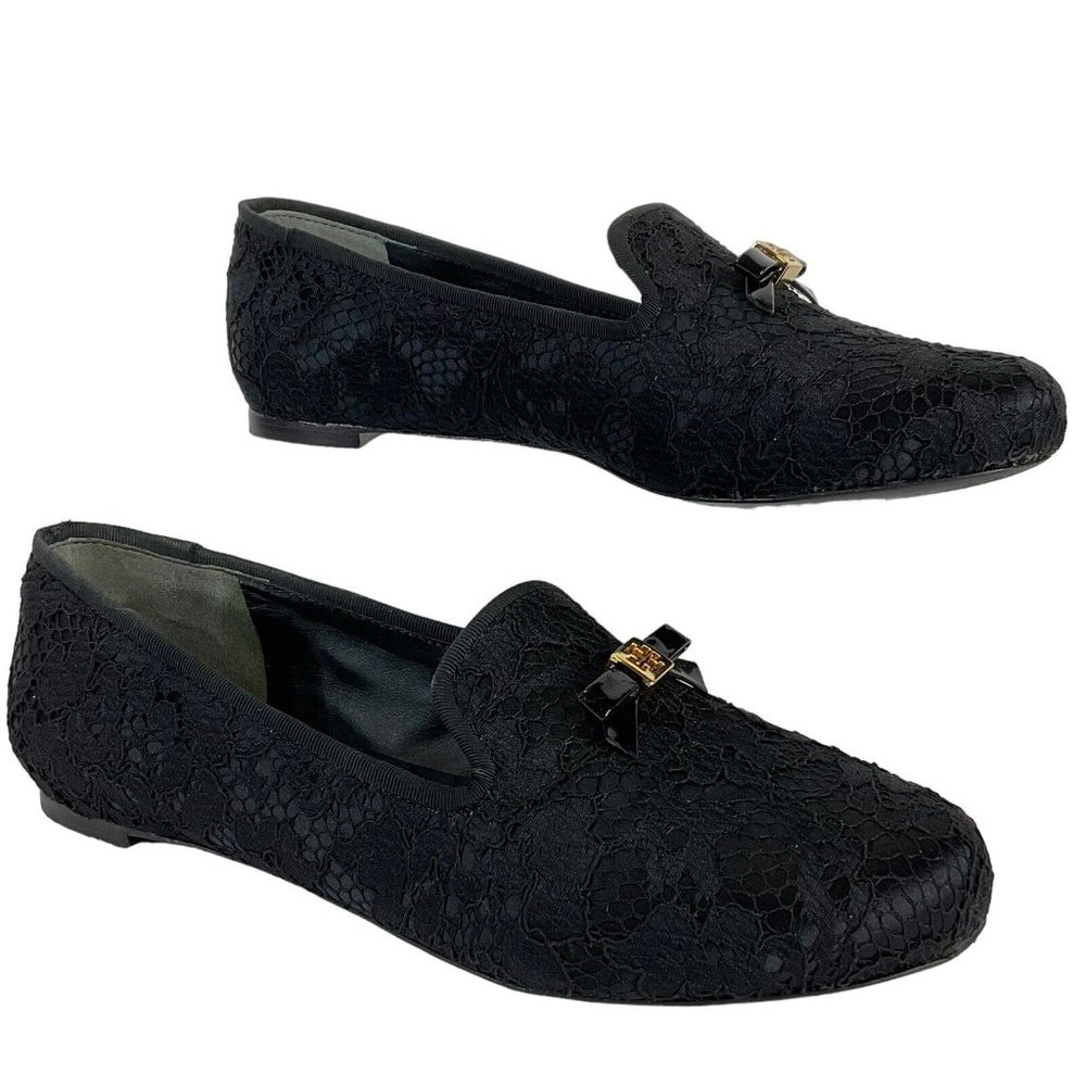 Tory Burch Shoes Womens Sz 6.5 Blk Chandra Loafer Satin + Fabric Lace Flat - Picture 2 of 16